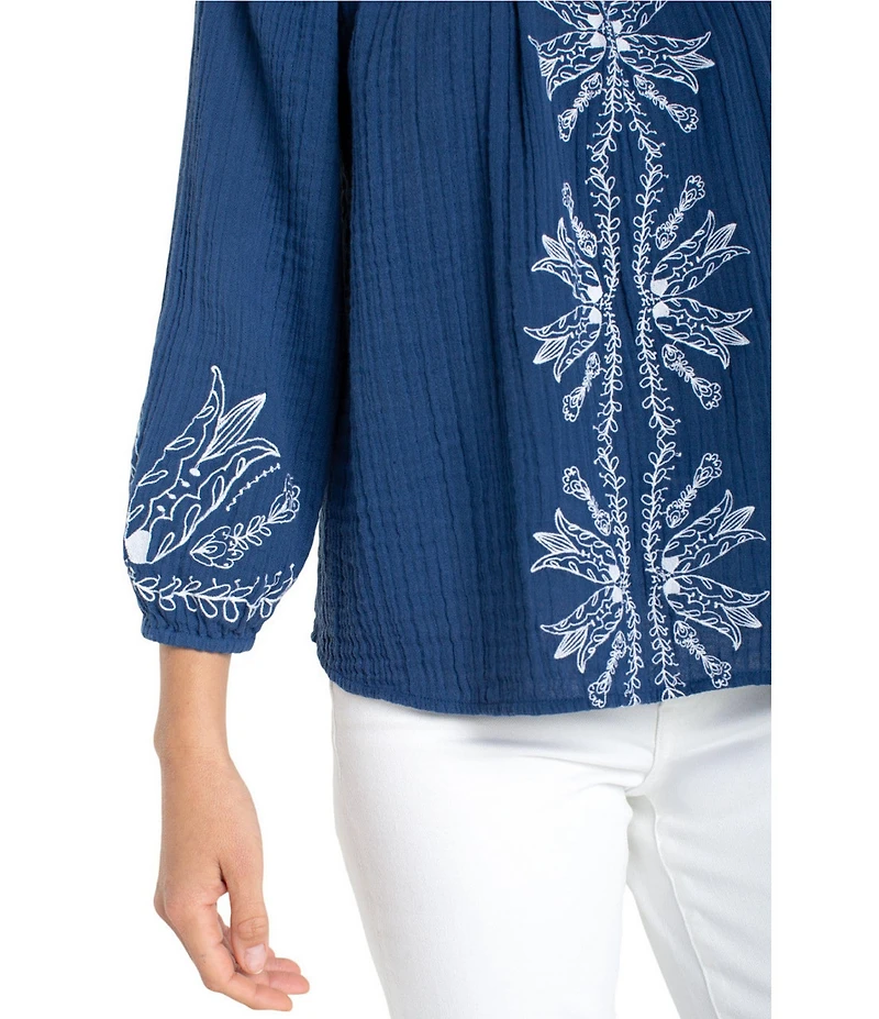 Liverpool Los Angeles Petite Size Double Gauze Woven Embroidered Top