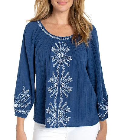 Liverpool Los Angeles Petite Size Double Gauze Woven Embroidered Top