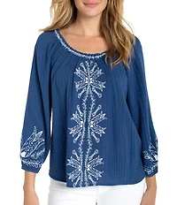 Liverpool Los Angeles Petite Size Double Gauze Woven Embroidered Top