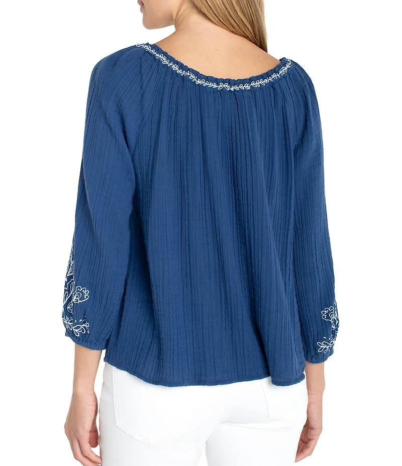Liverpool Los Angeles Petite Size Double Gauze Woven Embroidered Top