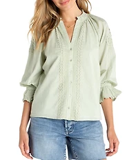 Liverpool Los Angeles Petite Size Embroidered Split V-Neck 3/4 Sleeve Button Front Blouse
