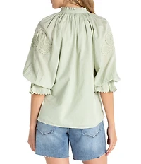 Liverpool Los Angeles Petite Size Embroidered Split V-Neck 3/4 Sleeve Button Front Blouse