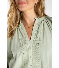 Liverpool Los Angeles Petite Size Embroidered Split V-Neck 3/4 Sleeve Button Front Blouse