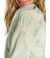 Liverpool Los Angeles Petite Size Embroidered Split V-Neck 3/4 Sleeve Button Front Blouse