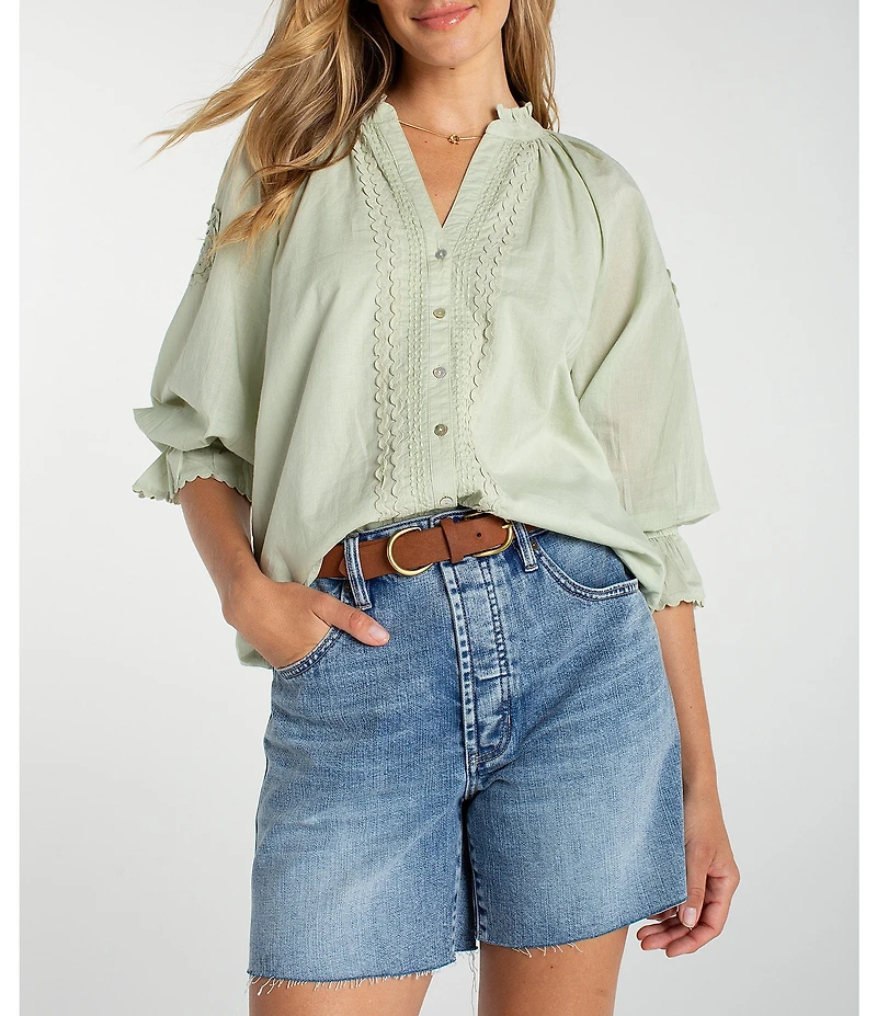 Liverpool Los Angeles Petite Size Embroidered Split V-Neck 3/4 Sleeve Button Front Blouse