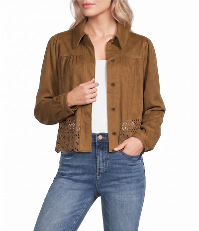 Liverpool Los Angeles Petite Size Faux Suede Point Collar Long Sleeve Laser Cut Hem Jacket
