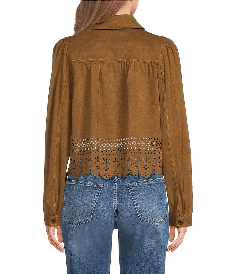Liverpool Los Angeles Petite Size Faux Suede Point Collar Long Sleeve Laser Cut Hem Jacket