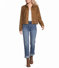Liverpool Los Angeles Petite Size Faux Suede Point Collar Long Sleeve Laser Cut Hem Jacket