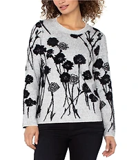 Liverpool Los Angeles Petite Size Feather Jacquard Floral Crew Neck Long Sleeve Sweater