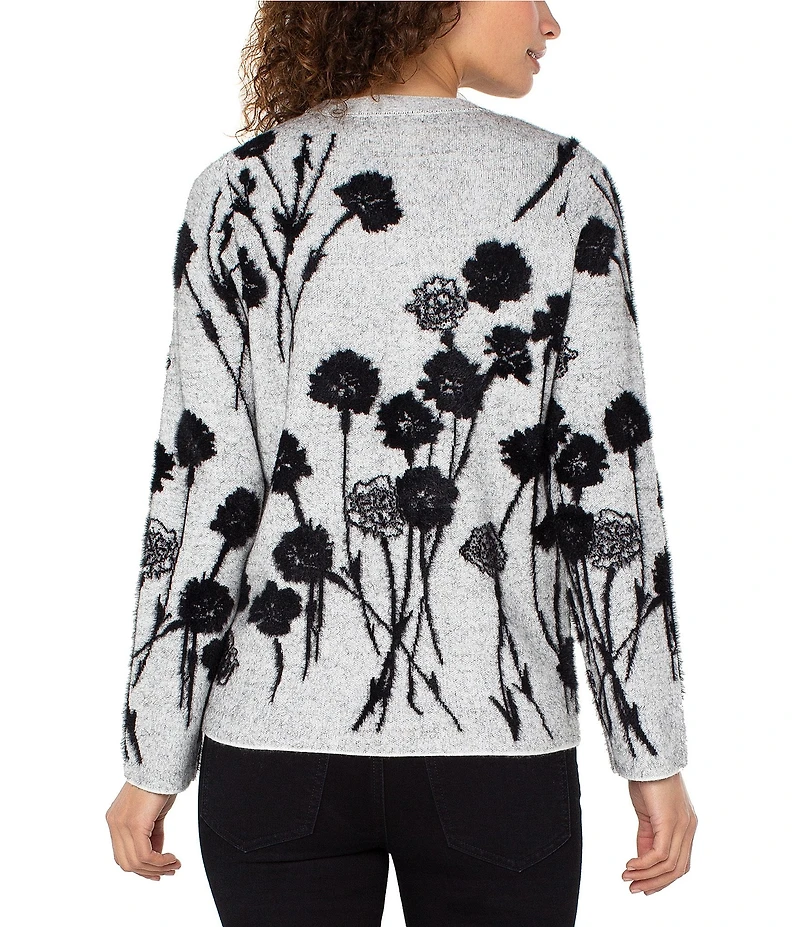 Liverpool Los Angeles Petite Size Feather Jacquard Floral Crew Neck Long Sleeve Sweater