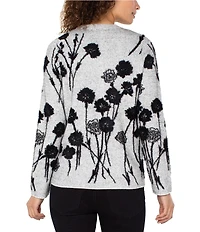 Liverpool Los Angeles Petite Size Feather Jacquard Floral Crew Neck Long Sleeve Sweater