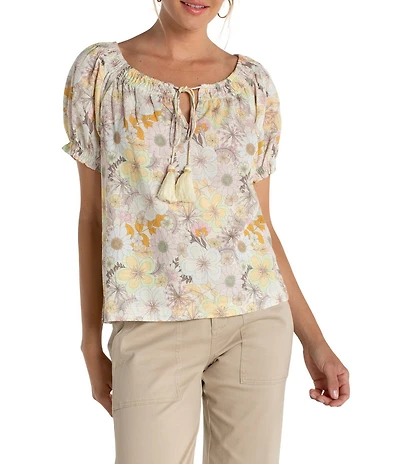 Liverpool Los Angeles Petite Size Floral Scoop Neck Short Sleeve Tassel Tie Top