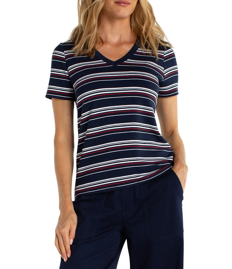 Liverpool Los Angeles Petite Size French Terry Knit Stripe V-Neck Short Sleeve Tee