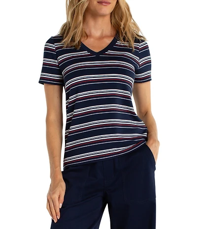 Liverpool Los Angeles Petite Size French Terry Knit Stripe V-Neck Short Sleeve Tee