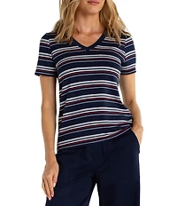 Liverpool Los Angeles Petite Size French Terry Knit Stripe V-Neck Short Sleeve Tee