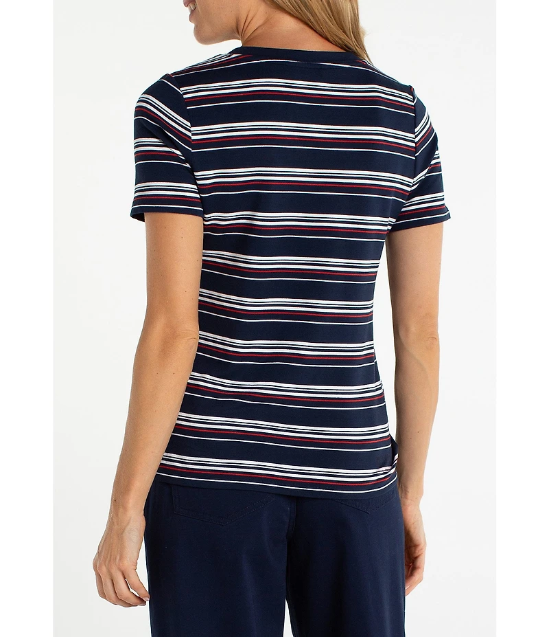 Liverpool Los Angeles Petite Size French Terry Knit Stripe V-Neck Short Sleeve Tee