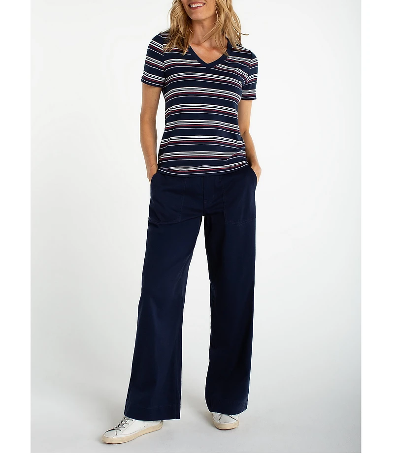 Liverpool Los Angeles Petite Size French Terry Knit Stripe V-Neck Short Sleeve Tee