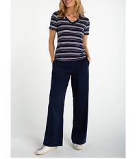 Liverpool Los Angeles Petite Size French Terry Knit Stripe V-Neck Short Sleeve Tee