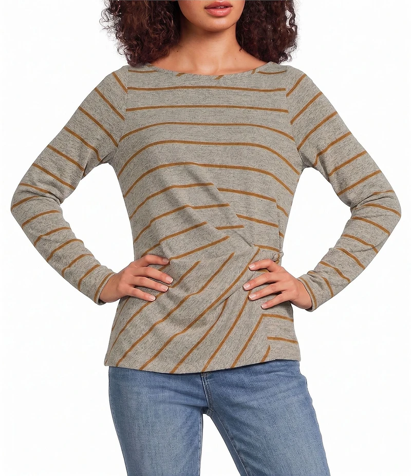 Liverpool Los Angeles Petite Size Hacci Knit Stripe Boat Neck Long Sleeve Twist Detail Top