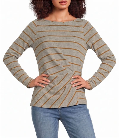 Liverpool Los Angeles Petite Size Hacci Knit Stripe Boat Neck Long Sleeve Twist Detail Top