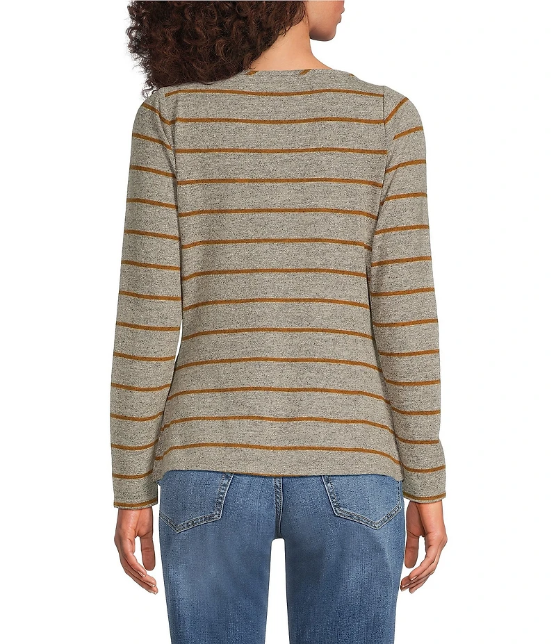 Liverpool Los Angeles Petite Size Hacci Knit Stripe Boat Neck Long Sleeve Twist Detail Top