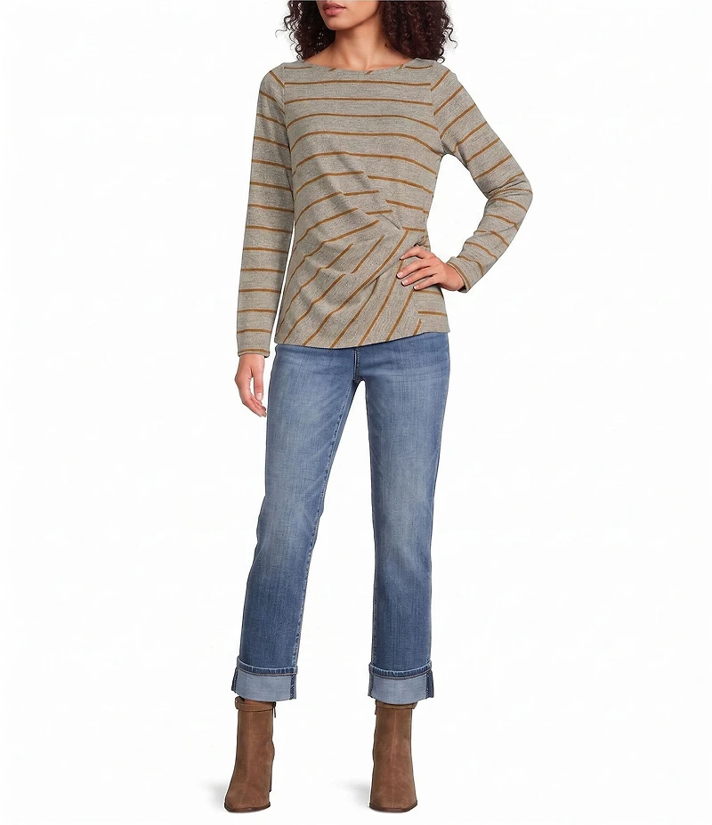 Liverpool Los Angeles Petite Size Hacci Knit Stripe Boat Neck Long Sleeve Twist Detail Top