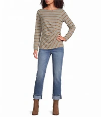Liverpool Los Angeles Petite Size Hacci Knit Stripe Boat Neck Long Sleeve Twist Detail Top