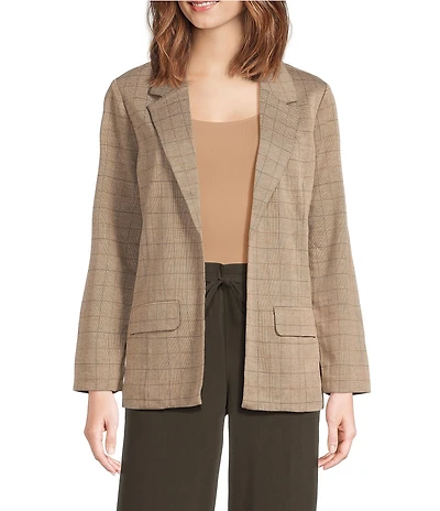 Liverpool Los Angeles Petite Size Jacquard Grid Check Notch Lapel Long Sleeve Open-Front Boyfriend Blazer