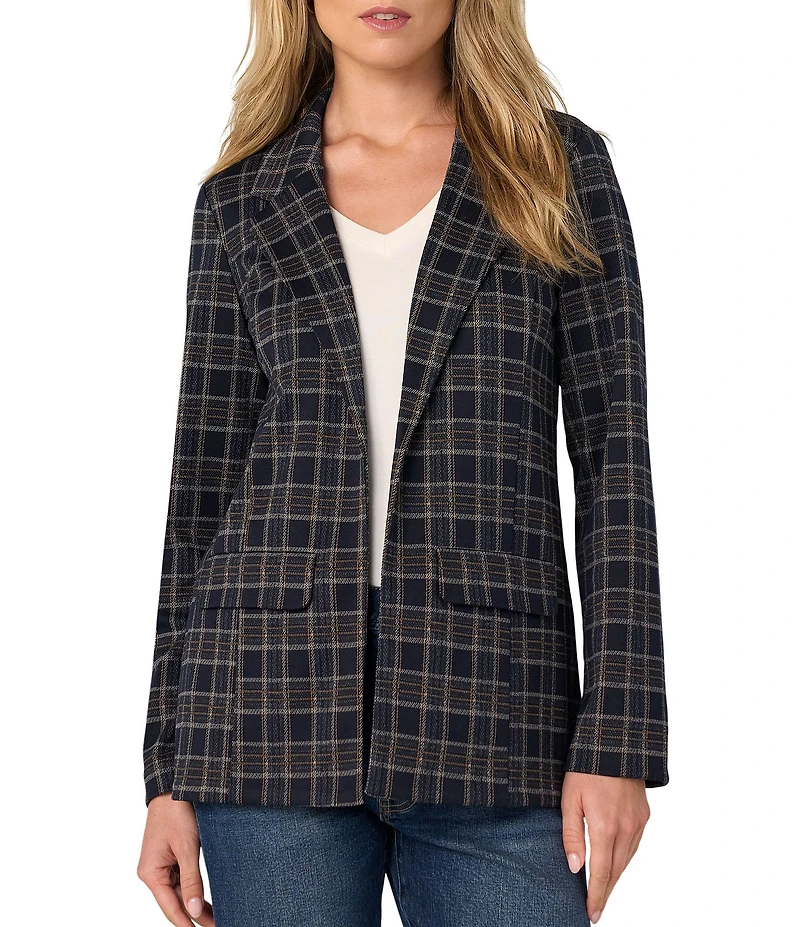 Liverpool Los Angeles Petite Size Jacquard Knit Plaid Notch Lapel Long Sleeve Open Front Boyfriend Blazer
