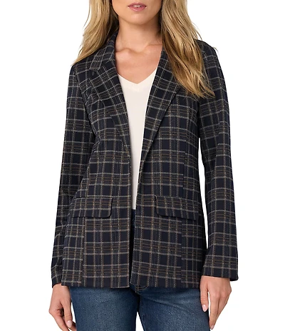 Liverpool Los Angeles Petite Size Jacquard Knit Plaid Notch Lapel Long Sleeve Open Front Boyfriend Blazer