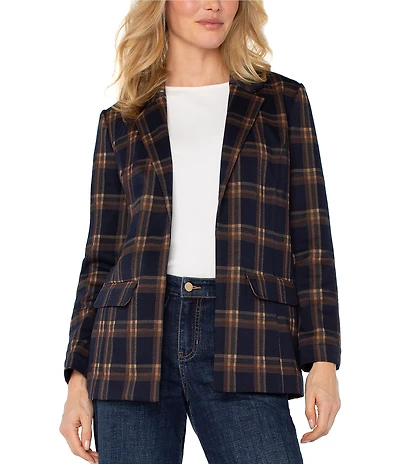 Liverpool Los Angeles Petite Size Jacquard Knit Plaid Open-Front Boyfriend Blazer