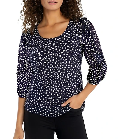 Liverpool Los Angeles Petite Size Jersey Knit Ditsy Floral Draped Scoop Neck 3/4 Ruffle Sleeve Top