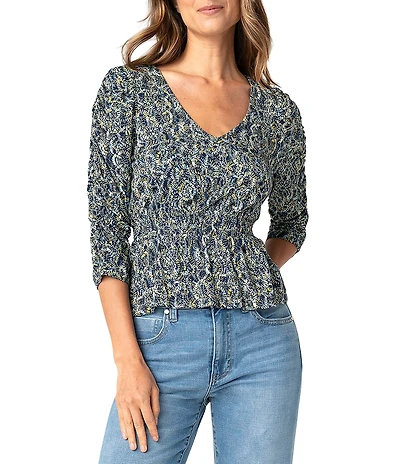 Liverpool Los Angeles Petite Size Jersey Knit Printed V-Neck 3/4 Sleeve Smocked Waist Top