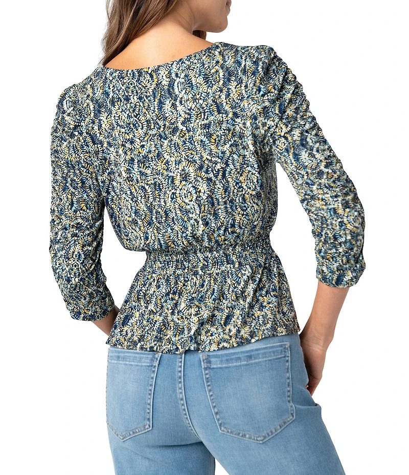 Liverpool Los Angeles Petite Size Jersey Knit Printed V-Neck 3/4 Sleeve Smocked Waist Top