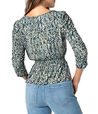 Liverpool Los Angeles Petite Size Jersey Knit Printed V-Neck 3/4 Sleeve Smocked Waist Top