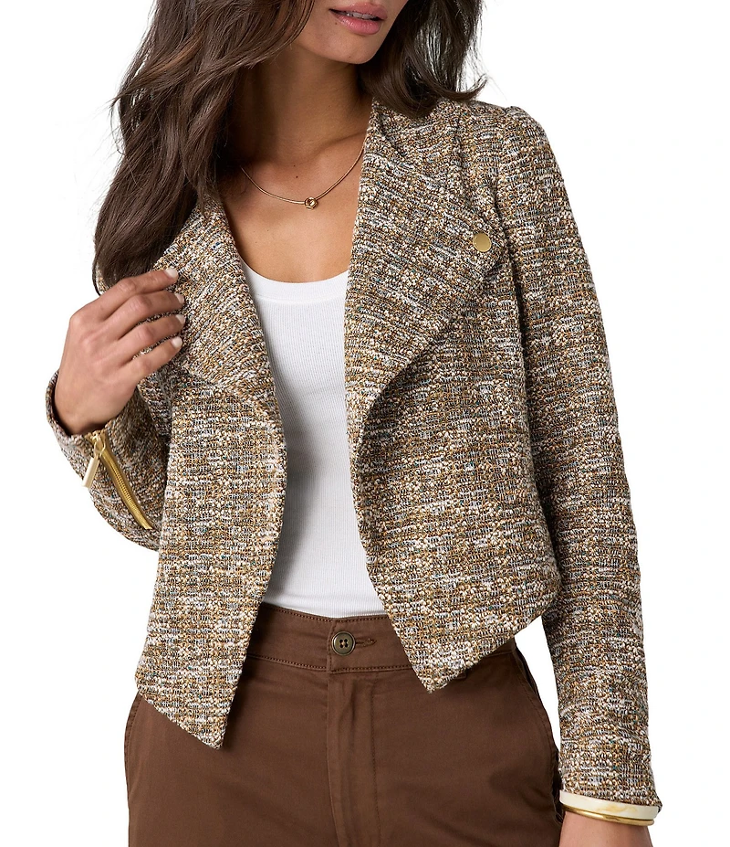 Liverpool Los Angeles Petite Size Knit Boucle Collarless Long Sleeve Moto Jacket