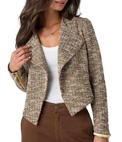 Liverpool Los Angeles Petite Size Knit Boucle Collarless Long Sleeve Moto Jacket
