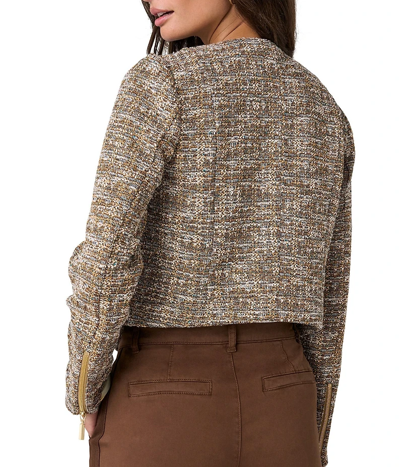 Liverpool Los Angeles Petite Size Knit Boucle Collarless Long Sleeve Moto Jacket