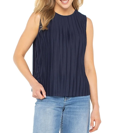 Liverpool Los Angeles Petite Size Knit Jersey Pleated Crew Neck Sleeveless Top