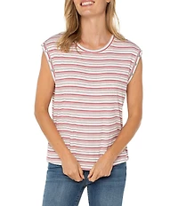 Liverpool Los Angeles Petite Size Knit Stripe Print Scoop Neck Sleeveless Top