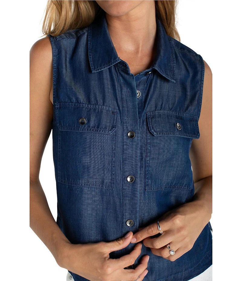 Liverpool Los Angeles Petite Size Lyocell Point Collar Sleeveless Button-Front Blouse