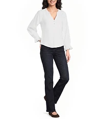 Liverpool Los Angeles Petite Size Mixed Media Henley Collar 3/4 Cuffed Sleeve Top