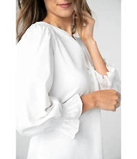 Liverpool Los Angeles Petite Size Mixed Media Henley Collar 3/4 Cuffed Sleeve Top