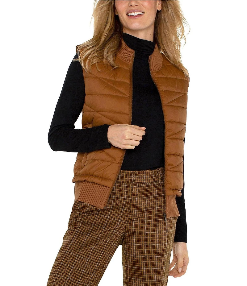 Liverpool Los Angeles Petite Size Mock Neck Sleeveless Quilted Sweater Vest
