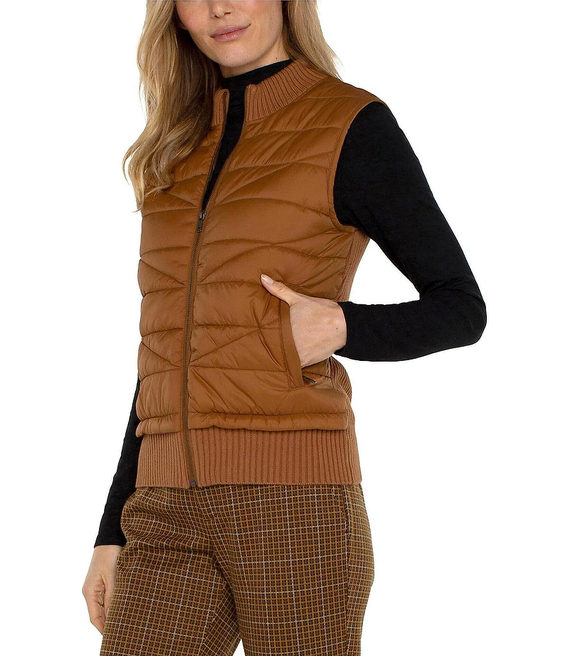 Liverpool Los Angeles Petite Size Mock Neck Sleeveless Quilted Sweater Vest