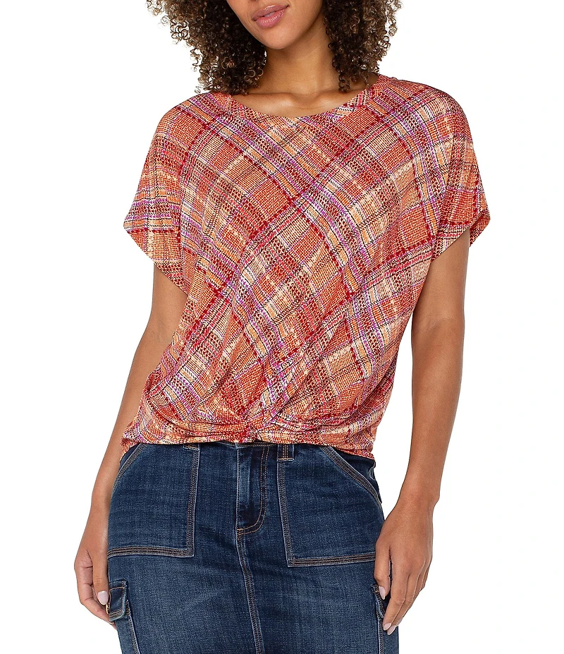 Liverpool Los Angeles Petite Size Multi Plaid Crew Neck Short Sleeve Front Twist Top