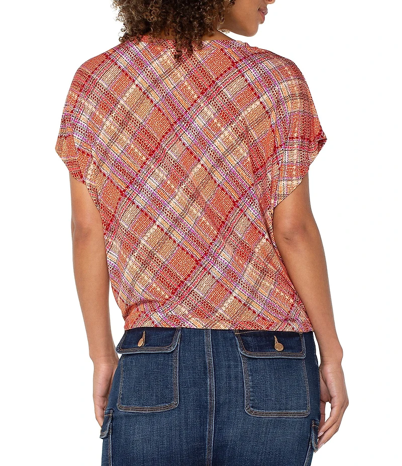Liverpool Los Angeles Petite Size Multi Plaid Crew Neck Short Sleeve Front Twist Top