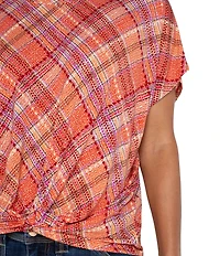 Liverpool Los Angeles Petite Size Multi Plaid Crew Neck Short Sleeve Front Twist Top