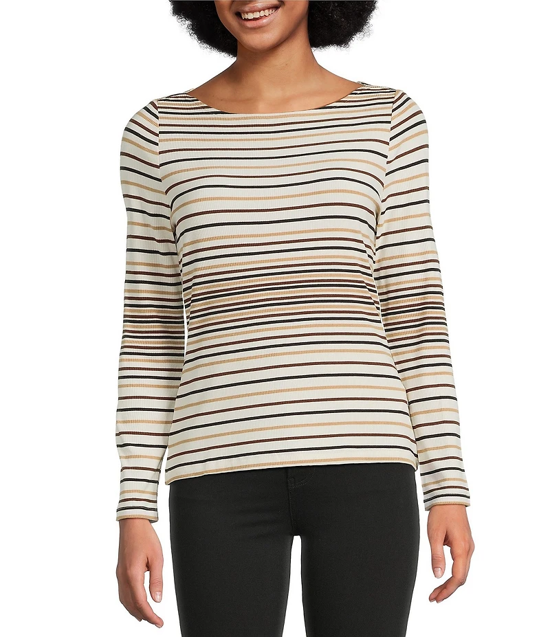 Liverpool Los Angeles Petite Size Rib Knit Stripe Boat Neck Long Sleeve Top