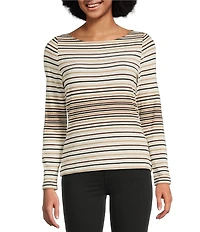 Liverpool Los Angeles Petite Size Rib Knit Stripe Boat Neck Long Sleeve Top